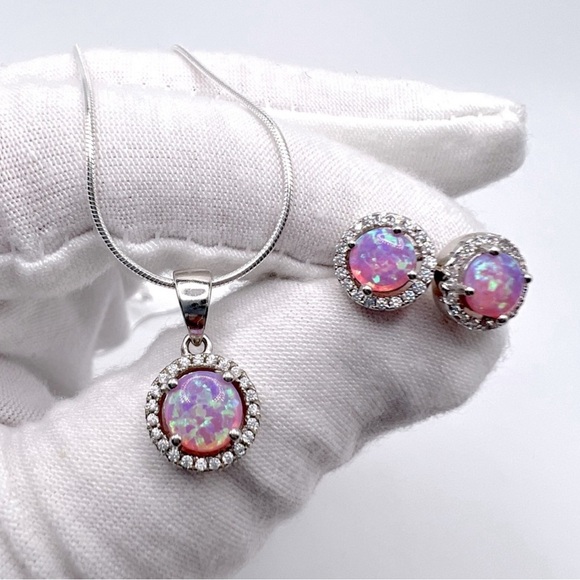 Halo Pink Fire Opal Cz & Clear Cz .925 Sterling Silver Earring & Necklace Set - Picture 14 of 17